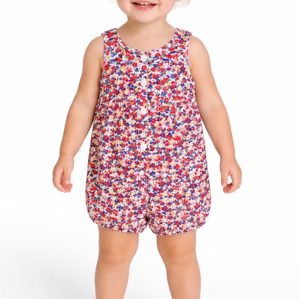 Vintage Cuddle Towne pink floral button up sleeveless cotton playsuit size 24M